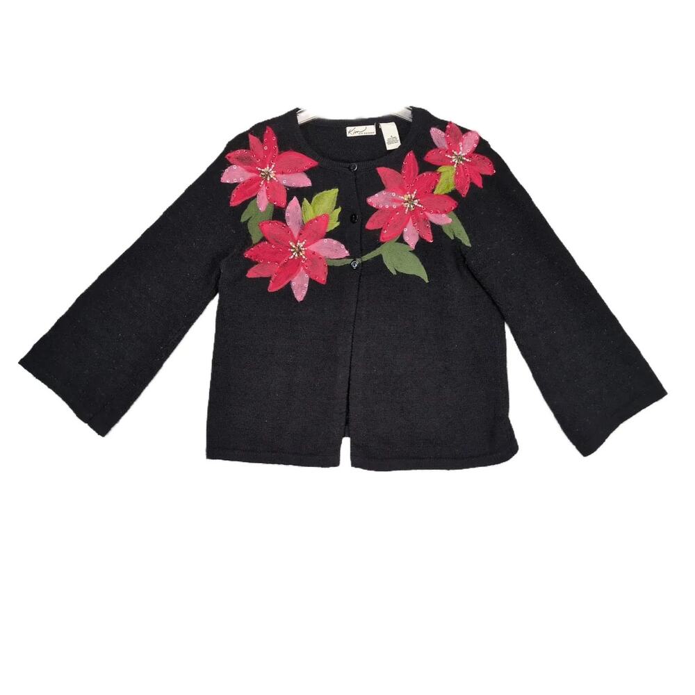 Kim Rogers Women's S Poinsettia Flower Black Cardigan Sweater Holiday Christmas